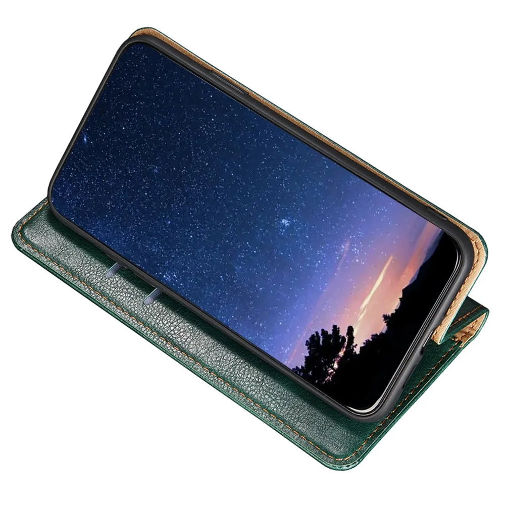 For Realme GT2 Pro PU Leather Magnetic Absorption Phone Case Stand Folio Wallet TPU Shockproof Flip Cover - Green - 5