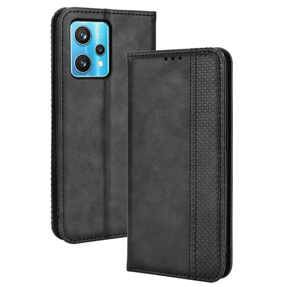 For Realme 9 Pro+ PU Leather Magnetic Auto-absorbed Vintage Mosaic Imprinted Stand Case with Wallet - Black - 1