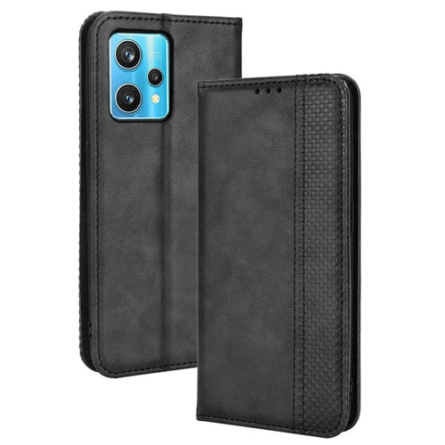 For Realme 9 Pro+ PU Leather Magnetic Auto-absorbed Vintage Mosaic Imprinted Stand Case with Wallet - Black - 1