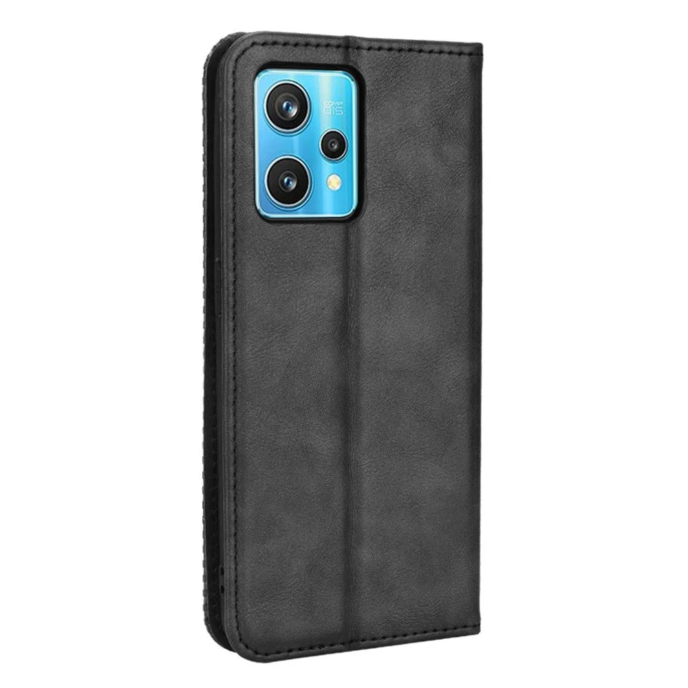 For Realme 9 Pro+ PU Leather Magnetic Auto-absorbed Vintage Mosaic Imprinted Stand Case with Wallet - Black - 3