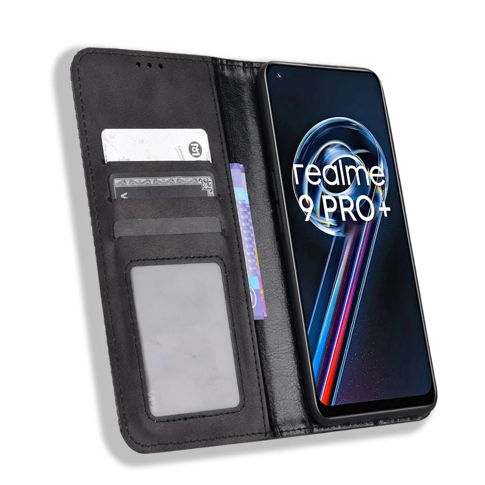For Realme 9 Pro+ PU Leather Magnetic Auto-absorbed Vintage Mosaic Imprinted Stand Case with Wallet - Black - 4