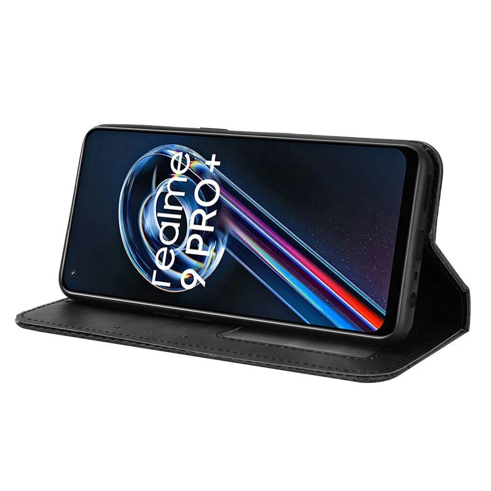 For Realme 9 Pro+ PU Leather Magnetic Auto-absorbed Vintage Mosaic Imprinted Stand Case with Wallet - Black - 5
