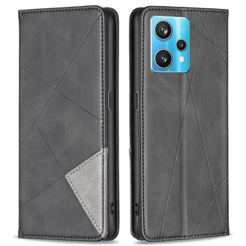 For Realme 9 Pro+ Imprinting Pattern Splicing Design Cover with Card Slots PU Leather + TPU Stand Cell Phone Shell - Black - 1