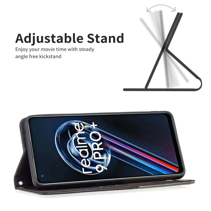 For Realme 9 Pro+ Imprinting Pattern Splicing Design Cover with Card Slots PU Leather + TPU Stand Cell Phone Shell - Black - 4