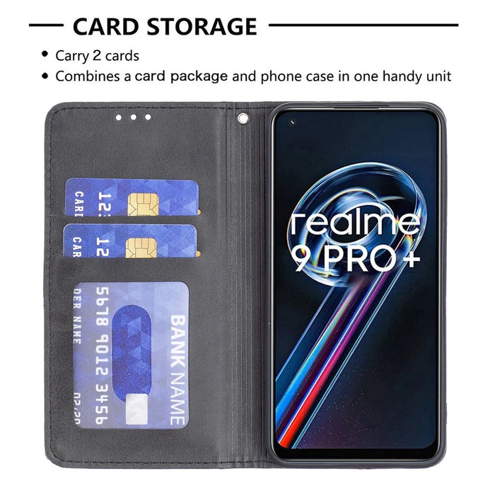 For Realme 9 Pro+ Imprinting Pattern Splicing Design Cover with Card Slots PU Leather + TPU Stand Cell Phone Shell - Black - 5