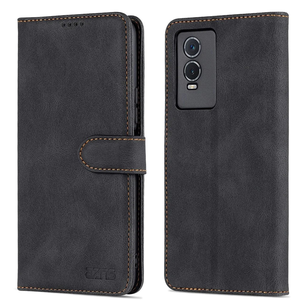 AZNS Phone Case for vivo Y76s/Y74s, PU Leather Wallet Folding Stand Magnetic Scratch-proof Flip Cover - Black - 1