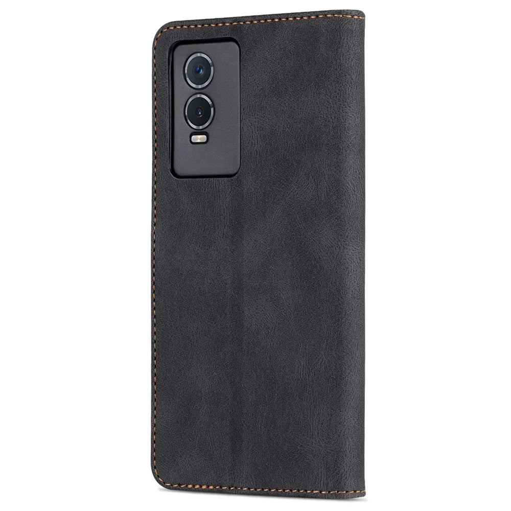 AZNS Phone Case for vivo Y76s/Y74s, PU Leather Wallet Folding Stand Magnetic Scratch-proof Flip Cover - Black - 3
