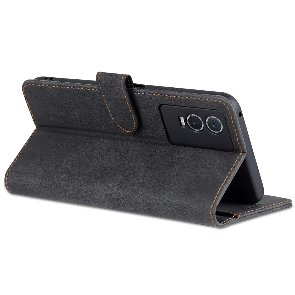 AZNS Phone Case for vivo Y76s/Y74s, PU Leather Wallet Folding Stand Magnetic Scratch-proof Flip Cover - Black - 6