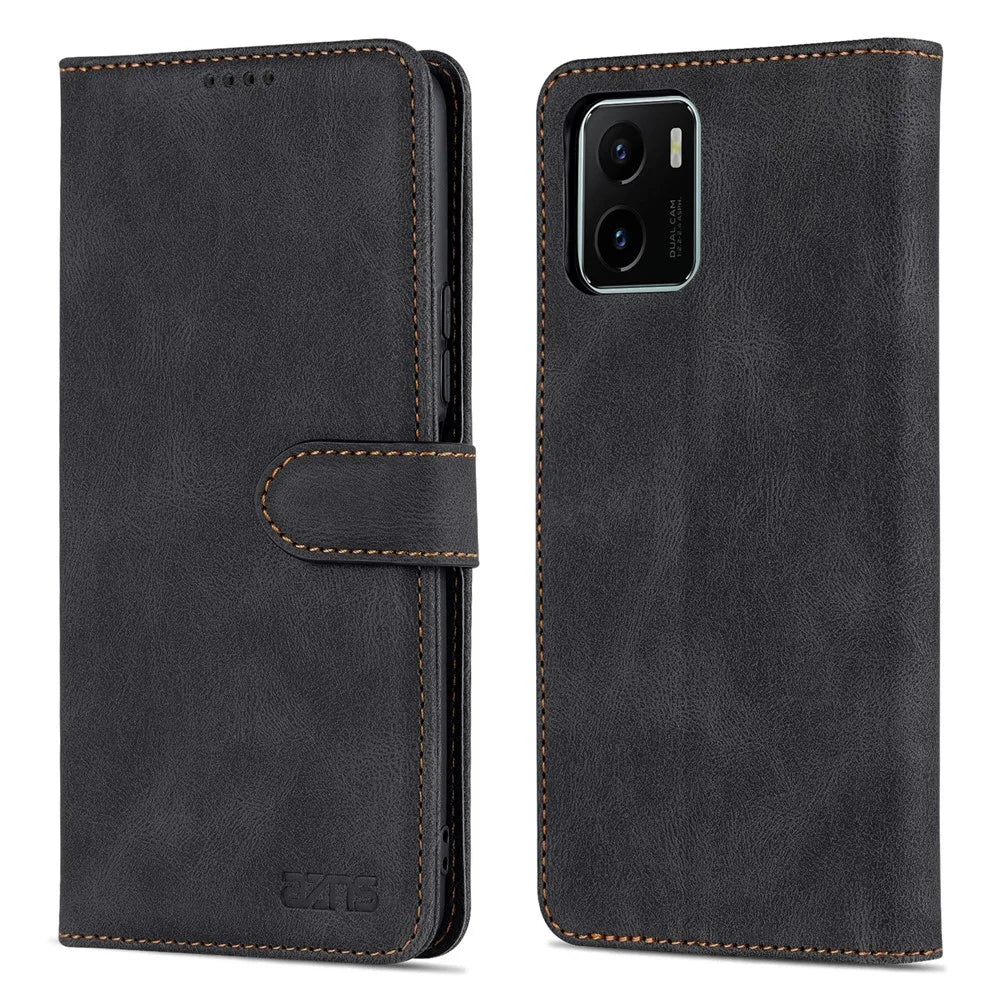 AZNS PU Leather Cover for vivo Y15a/Y15s, Shockproof Anti-scratch Wallet Stand TPU Interior Shell Case - Black - 1