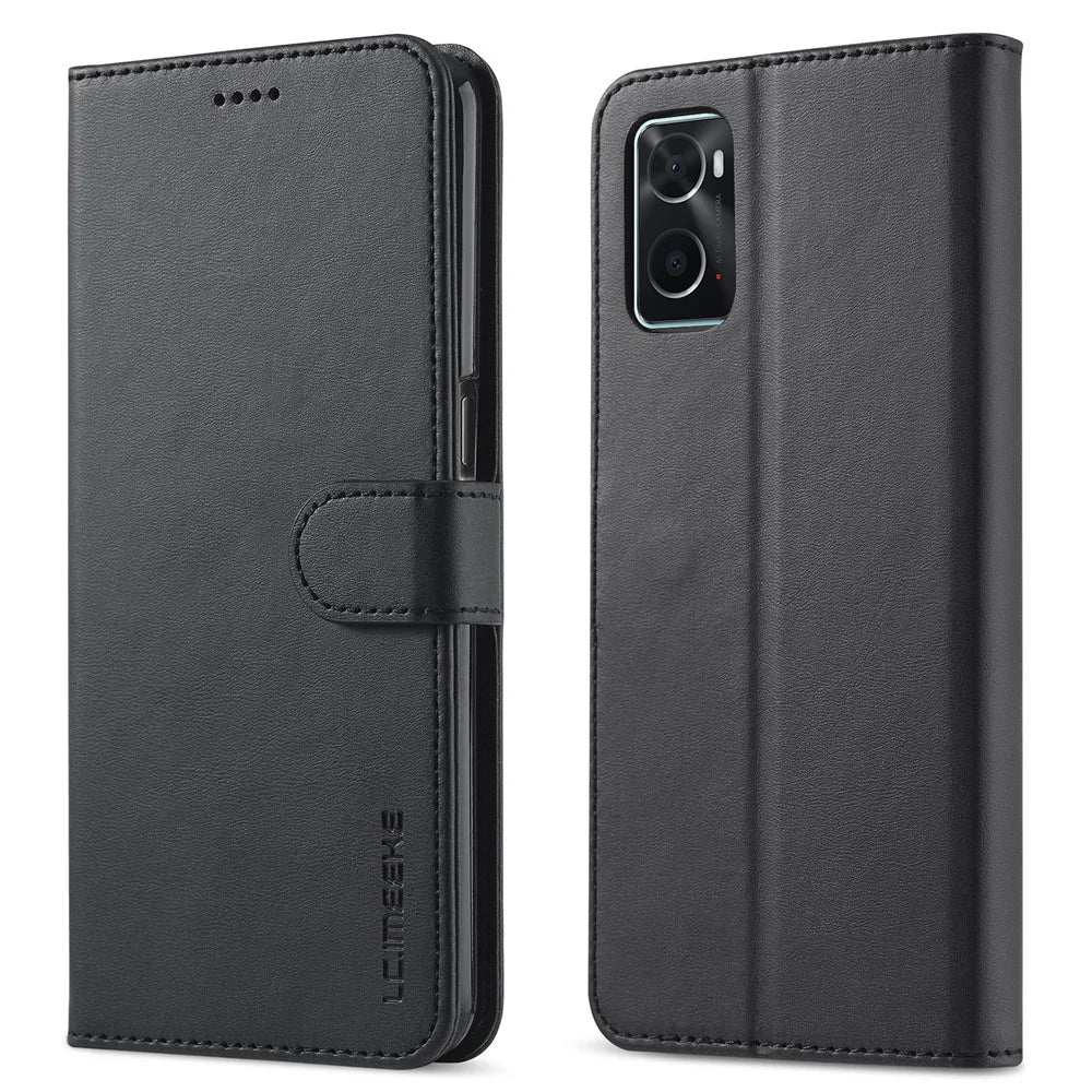 LC.IMEEKE for Realme 9i/Oppo A36/Oppo A76 Textured PU Leather Flip Folio Stand Case Mobile Phone Wallet Case Cover - Black - 1