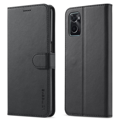 LC.IMEEKE for Realme 9i/Oppo A36/Oppo A76 Textured PU Leather Flip Folio Stand Case Mobile Phone Wallet Case Cover - Black - 1