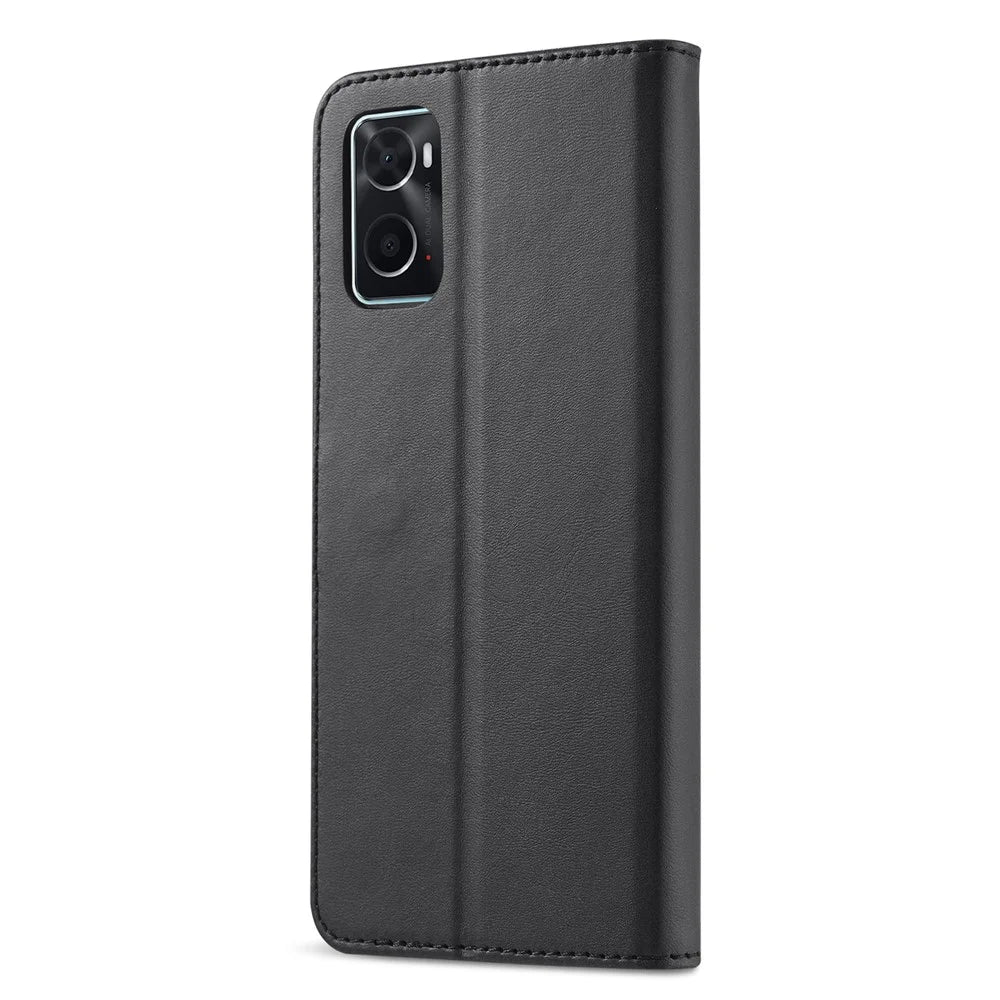 LC.IMEEKE for Realme 9i/Oppo A36/Oppo A76 Textured PU Leather Flip Folio Stand Case Mobile Phone Wallet Case Cover - Black - 3