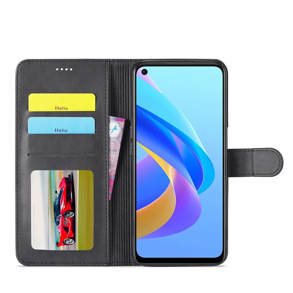 LC.IMEEKE for Realme 9i/Oppo A36/Oppo A76 Textured PU Leather Flip Folio Stand Case Mobile Phone Wallet Case Cover - Black - 4