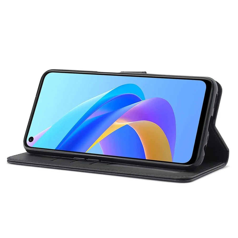 LC.IMEEKE for Realme 9i/Oppo A36/Oppo A76 Textured PU Leather Flip Folio Stand Case Mobile Phone Wallet Case Cover - Black - 5