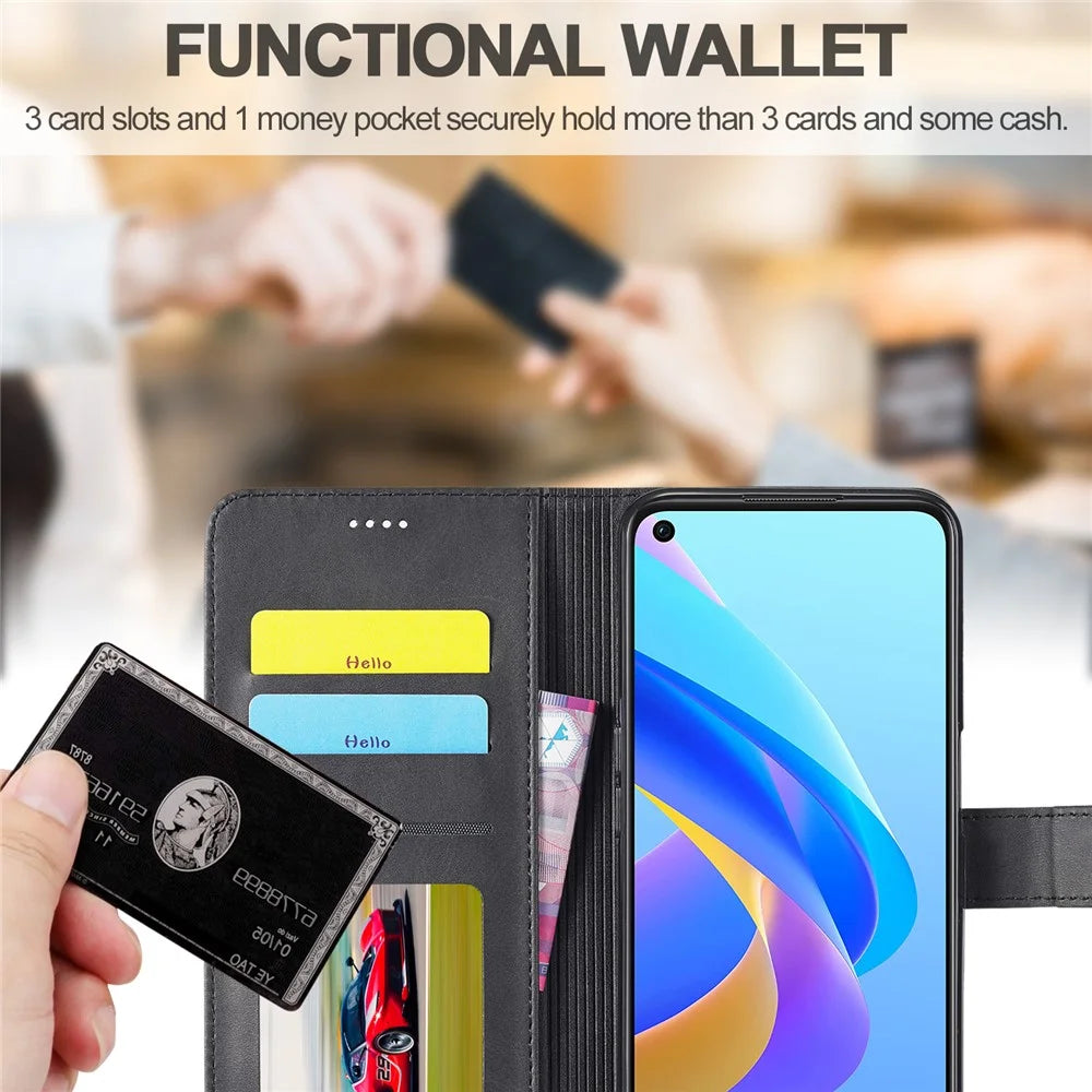 LC.IMEEKE for Realme 9i/Oppo A36/Oppo A76 Textured PU Leather Flip Folio Stand Case Mobile Phone Wallet Case Cover - Black - 6