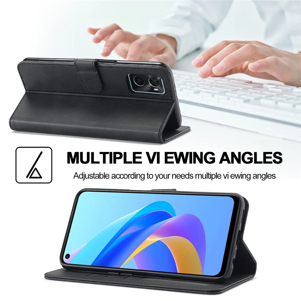 LC.IMEEKE for Realme 9i/Oppo A36/Oppo A76 Textured PU Leather Flip Folio Stand Case Mobile Phone Wallet Case Cover - Black - 7