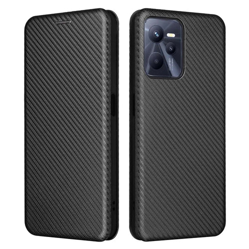 For Realme C35 Carbon Fiber Texture PU Leather Stand Case Magnetic Auto-absorbed Flip Phone Cover - Black - 1