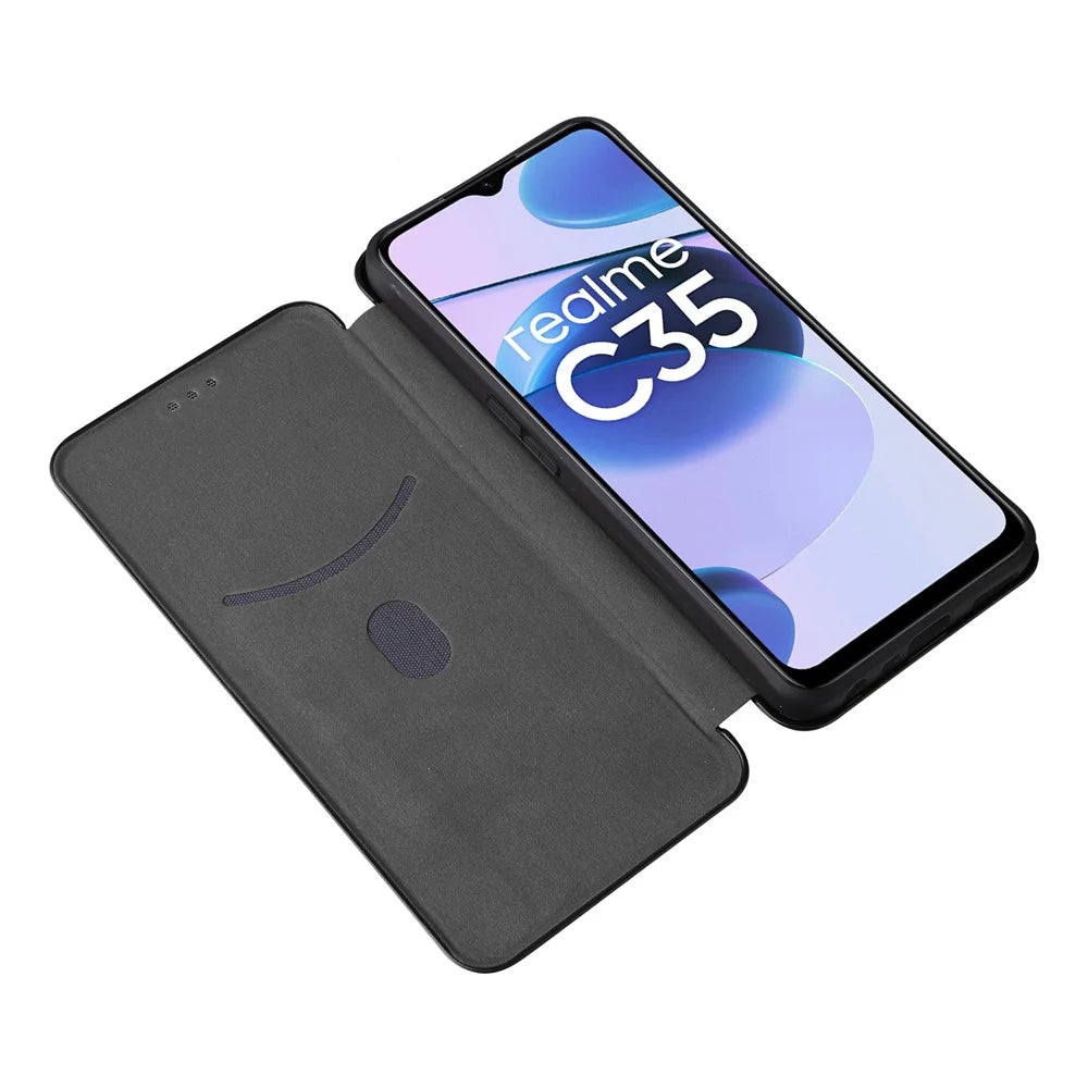 For Realme C35 Carbon Fiber Texture PU Leather Stand Case Magnetic Auto-absorbed Flip Phone Cover - Black - 2