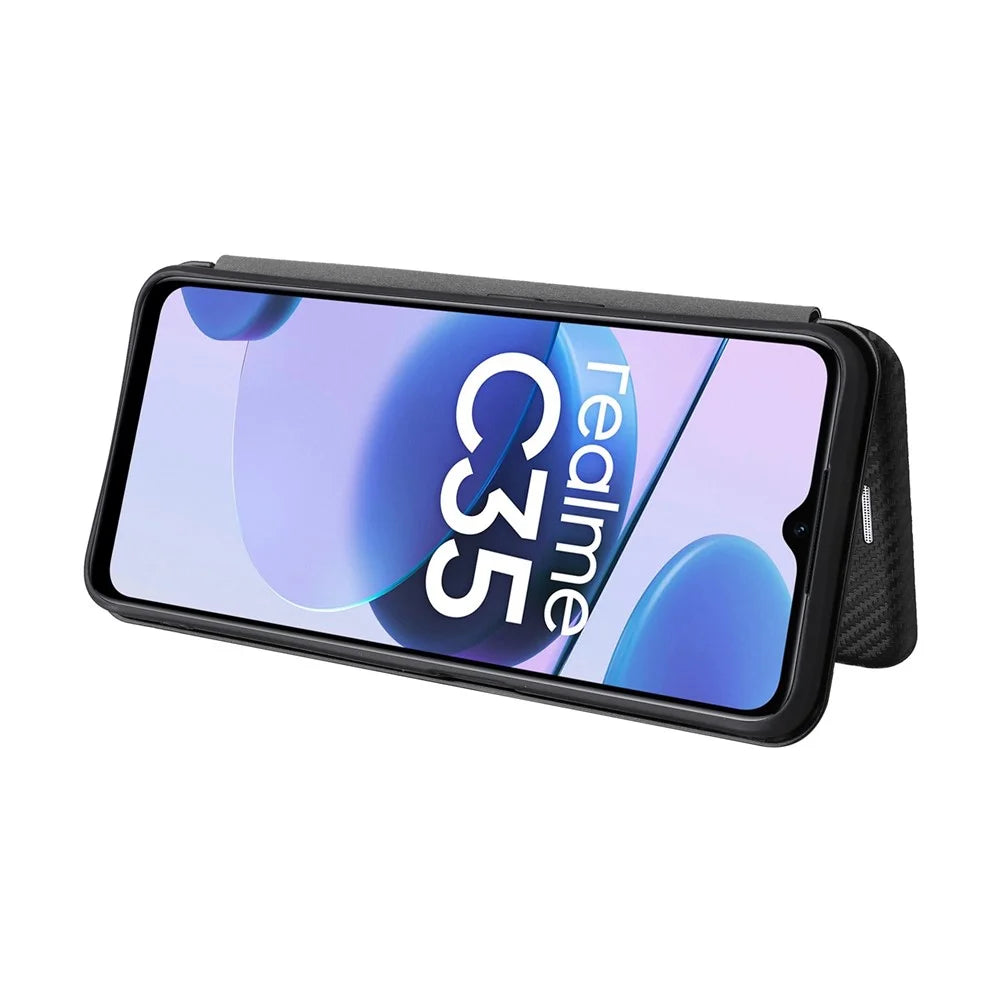 For Realme C35 Carbon Fiber Texture PU Leather Stand Case Magnetic Auto-absorbed Flip Phone Cover - Black - 3