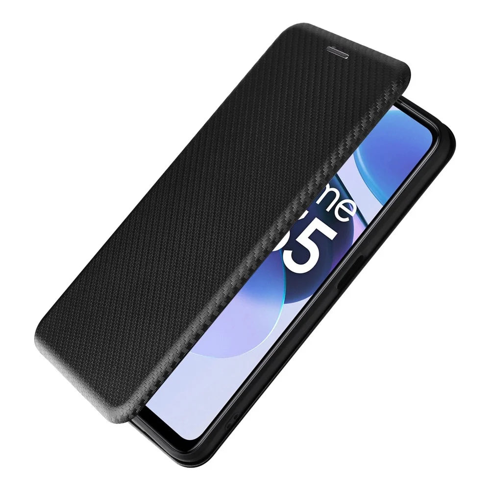 For Realme C35 Carbon Fiber Texture PU Leather Stand Case Magnetic Auto-absorbed Flip Phone Cover - Black - 4