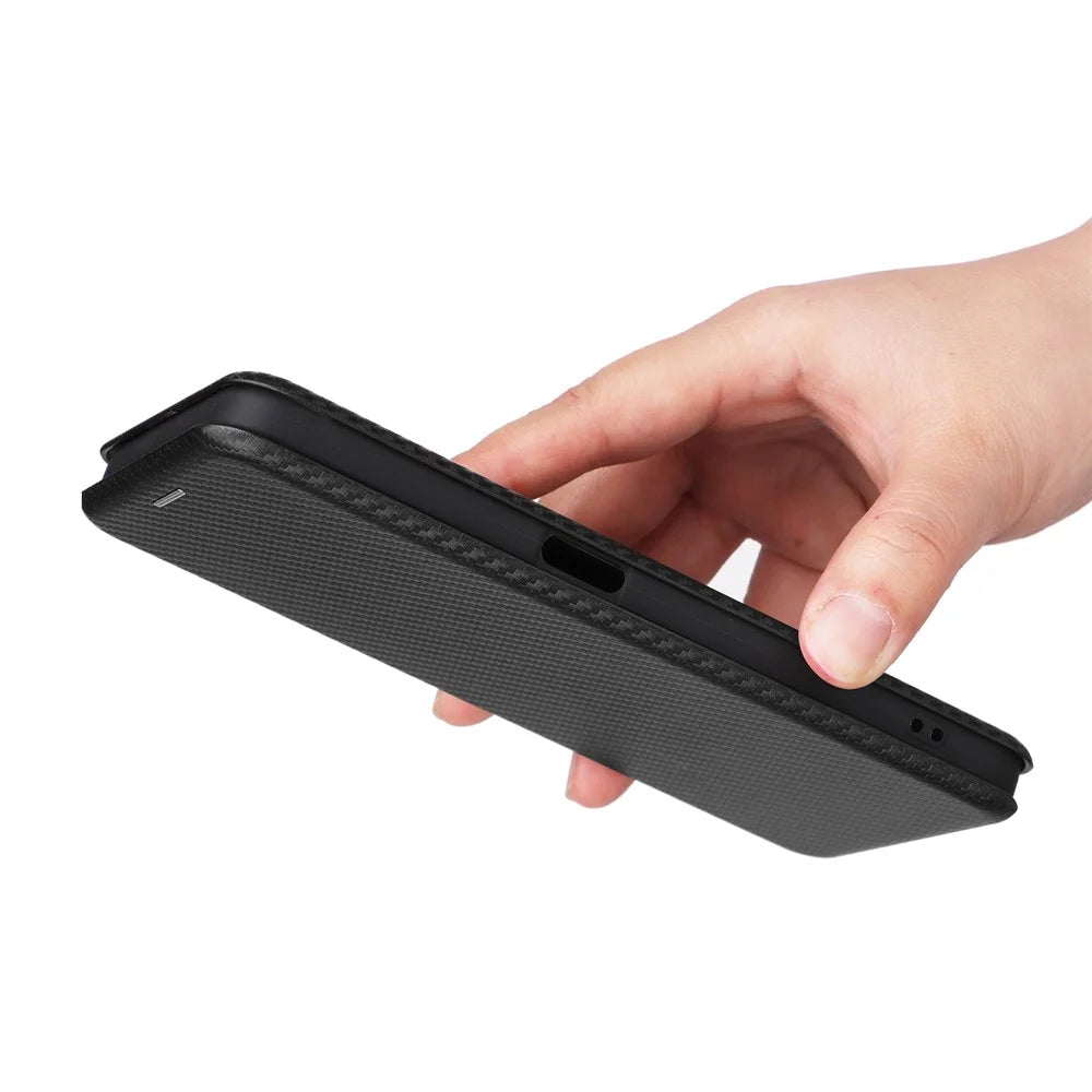 For Realme C35 Carbon Fiber Texture PU Leather Stand Case Magnetic Auto-absorbed Flip Phone Cover - Black - 5