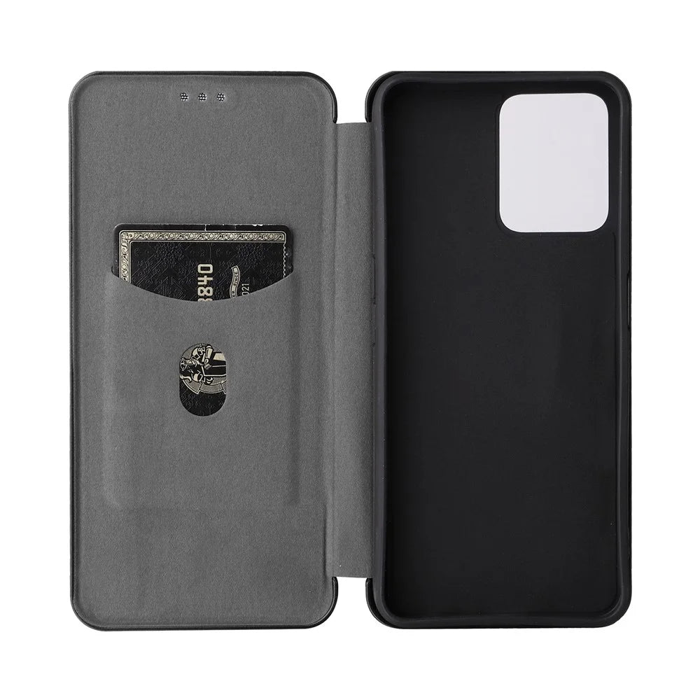 For Realme C35 Carbon Fiber Texture PU Leather Stand Case Magnetic Auto-absorbed Flip Phone Cover - Black - 7