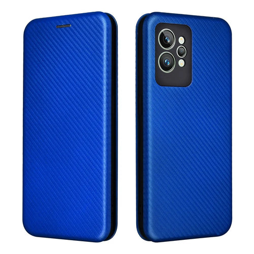 For Realme GT2 Pro 5G Carbon Fiber Texture Magnetic Auto Closure Leather Case Stand Cover - Blue - 1