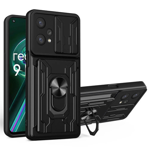 For Realme 9 Pro 5G / 9 5G / V25 Ring Kickstand Card Holder Phone Case Hybrid Soft TPU Hard PC Back Rugged Cover with Slide Camera Cover Protection - Black - 1