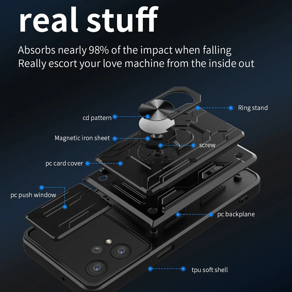 For Realme 9 Pro 5G / 9 5G / V25 Ring Kickstand Card Holder Phone Case Hybrid Soft TPU Hard PC Back Rugged Cover with Slide Camera Cover Protection - Black - 2