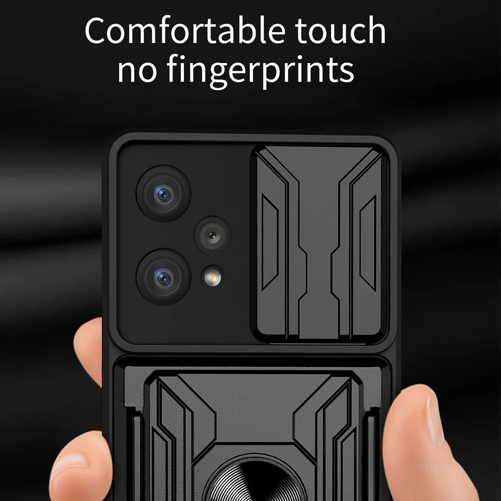 For Realme 9 Pro 5G / 9 5G / V25 Ring Kickstand Card Holder Phone Case Hybrid Soft TPU Hard PC Back Rugged Cover with Slide Camera Cover Protection - Black - 3