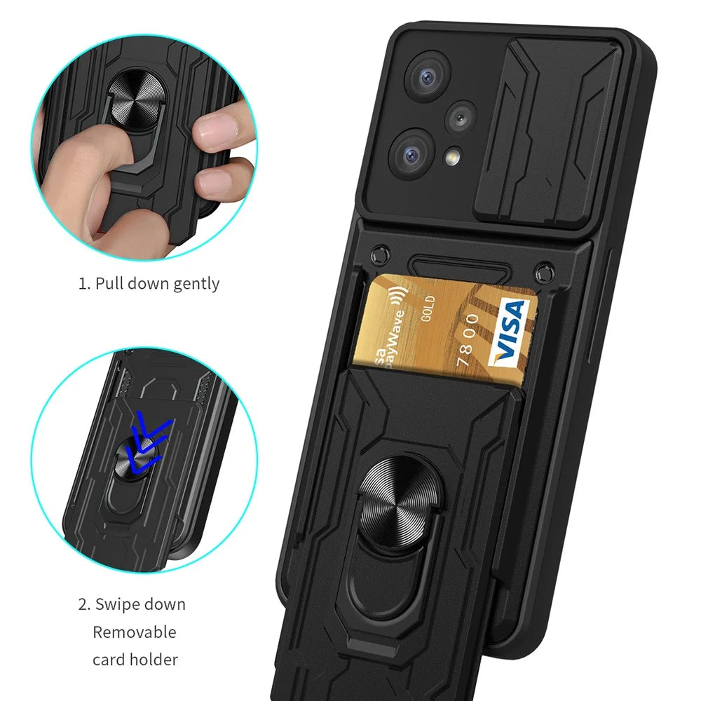 For Realme 9 Pro 5G / 9 5G / V25 Ring Kickstand Card Holder Phone Case Hybrid Soft TPU Hard PC Back Rugged Cover with Slide Camera Cover Protection - Black - 4