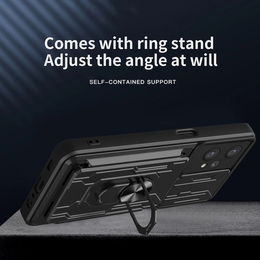 For Realme 9 Pro 5G / 9 5G / V25 Ring Kickstand Card Holder Phone Case Hybrid Soft TPU Hard PC Back Rugged Cover with Slide Camera Cover Protection - Black - 7