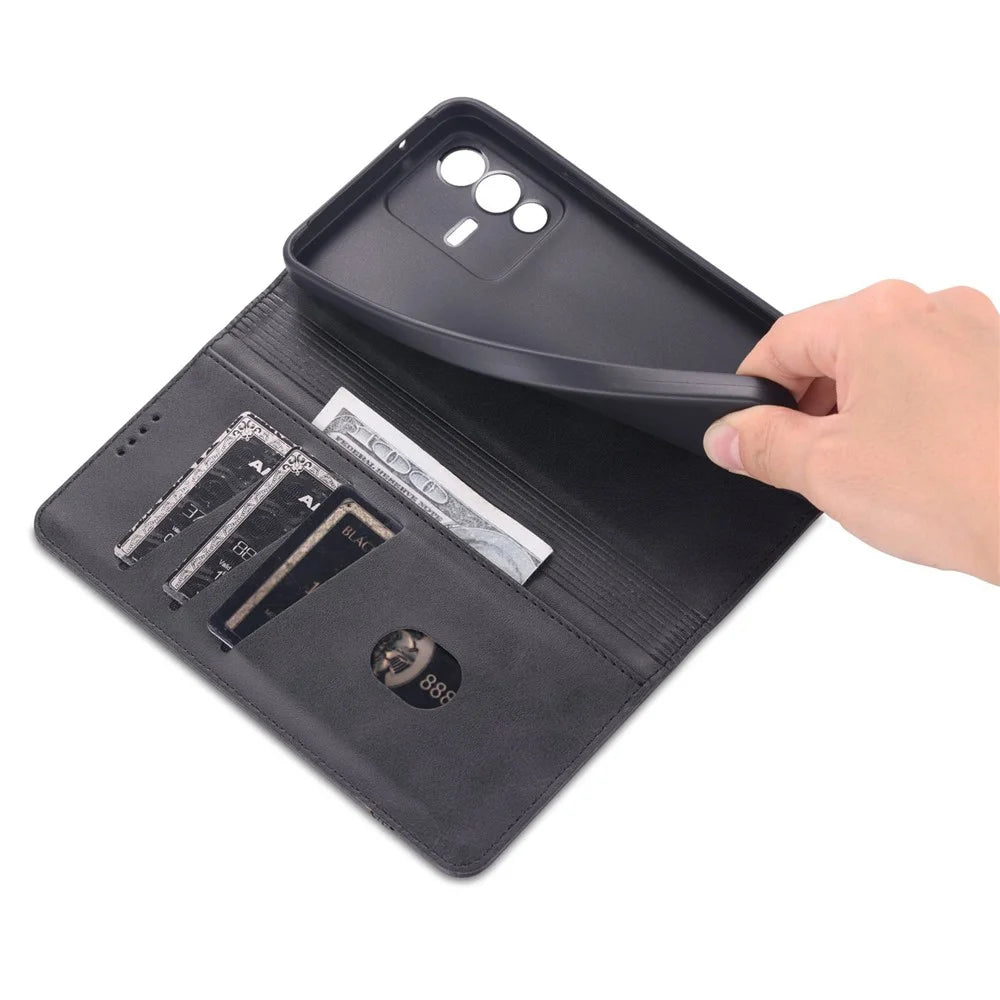 AZNS for vivo S12/V23 5G PU Leather Wallet Case Stand Magnetic Auto-absorbed TPU Shockproof Interior Protective Cover - Black - 6
