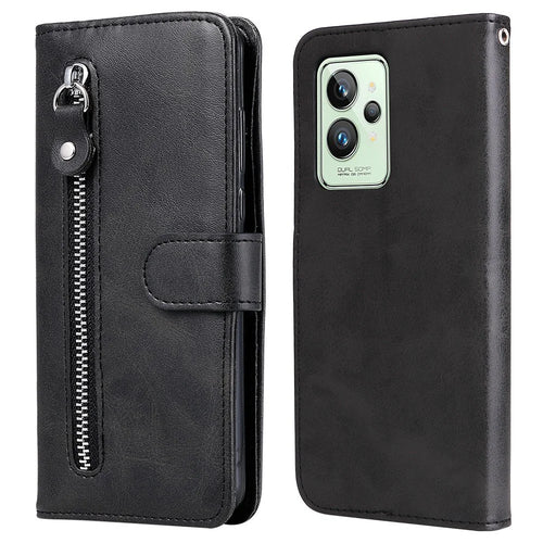 For Realme GT2 Pro PU Leather Zipper Flip Folio Wallet Case Magnetic Closure Stand Protective Cover - Black - 1