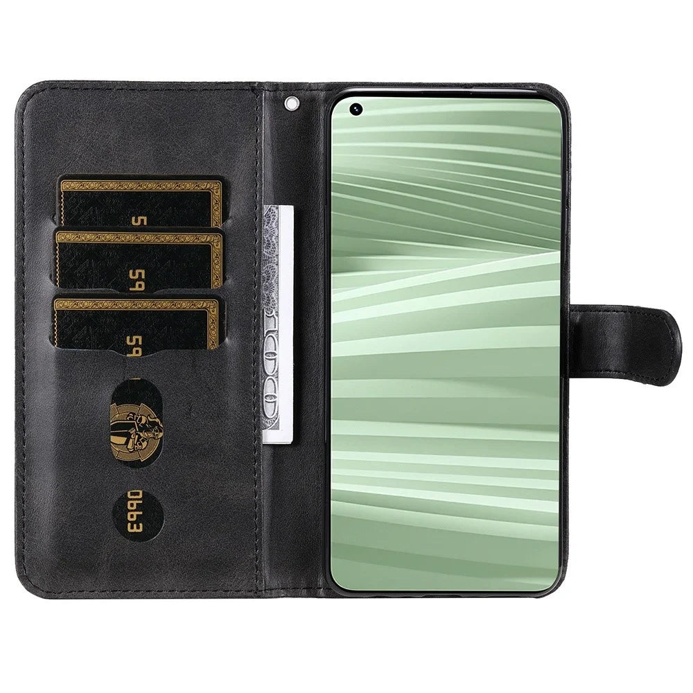 For Realme GT2 Pro PU Leather Zipper Flip Folio Wallet Case Magnetic Closure Stand Protective Cover - Black - 2