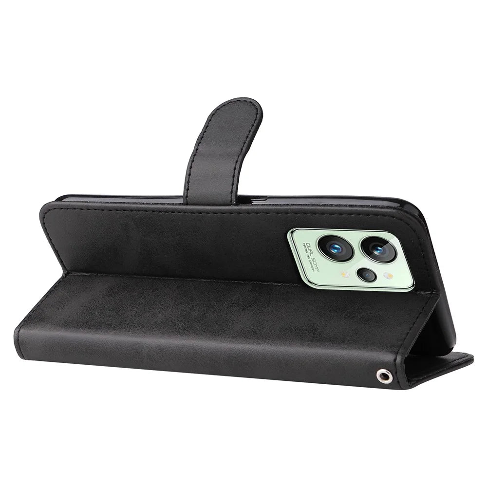For Realme GT2 Pro PU Leather Zipper Flip Folio Wallet Case Magnetic Closure Stand Protective Cover - Black - 4