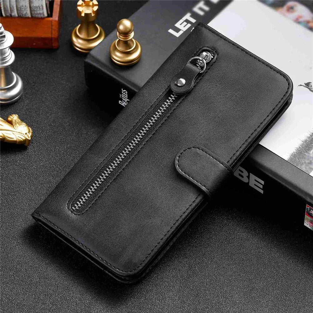 For Realme GT2 Pro PU Leather Zipper Flip Folio Wallet Case Magnetic Closure Stand Protective Cover - Black - 7