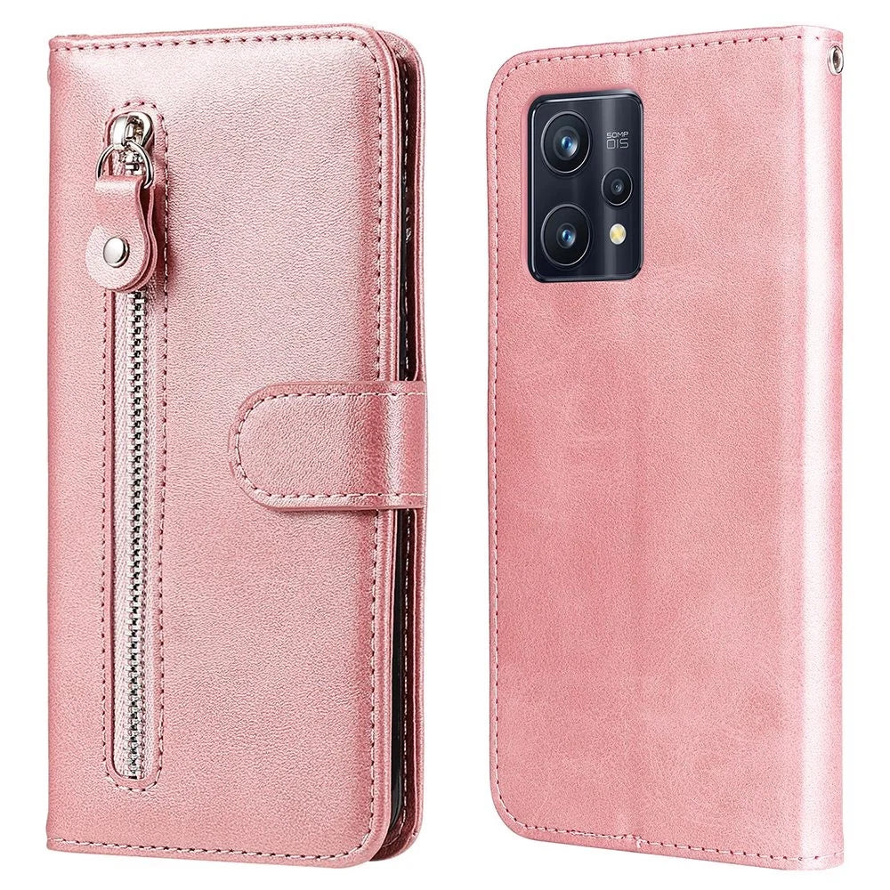 For Realme 9 Pro+ Stand Feature PU Leather Case Magnetic Clasp Zipper Pocket Shockproof Flip Wallet Cover - Rose Gold - 1