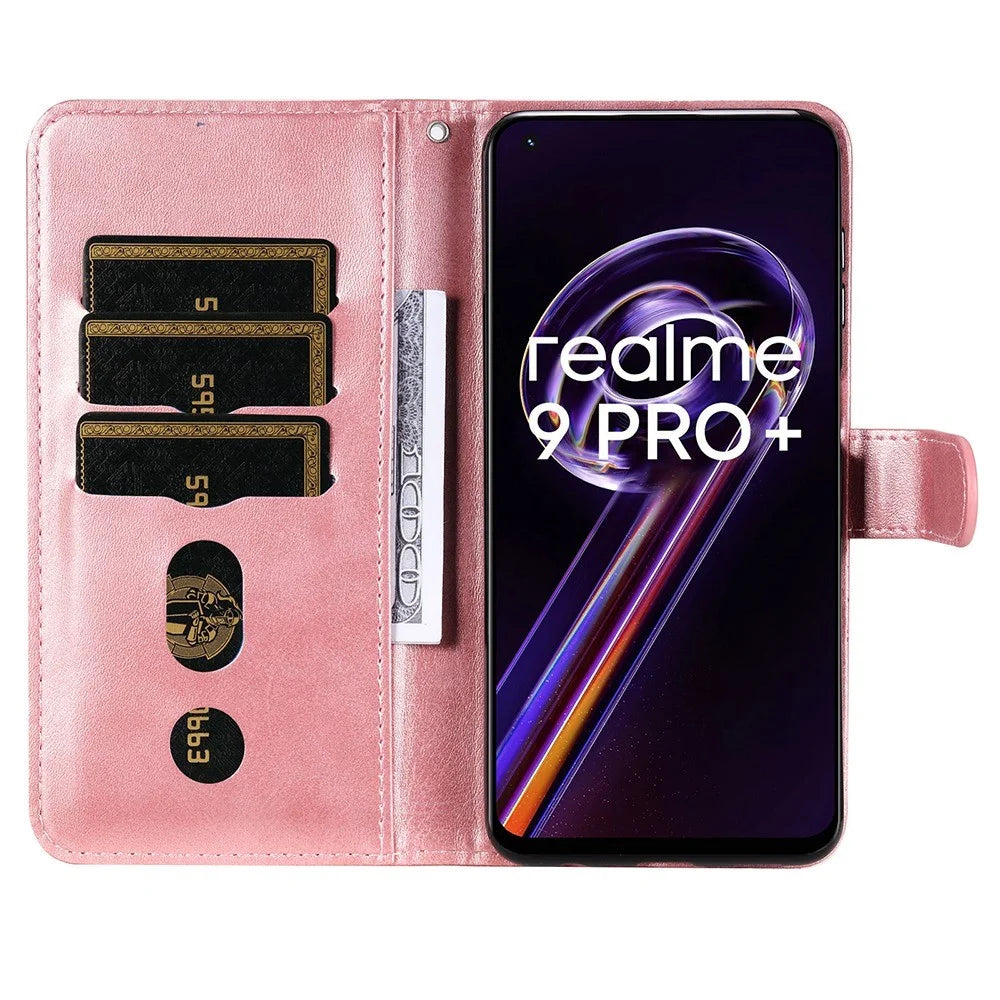 For Realme 9 Pro+ Stand Feature PU Leather Case Magnetic Clasp Zipper Pocket Shockproof Flip Wallet Cover - Rose Gold - 2
