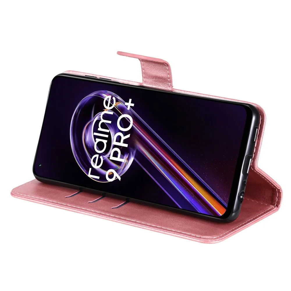 For Realme 9 Pro+ Stand Feature PU Leather Case Magnetic Clasp Zipper Pocket Shockproof Flip Wallet Cover - Rose Gold - 3