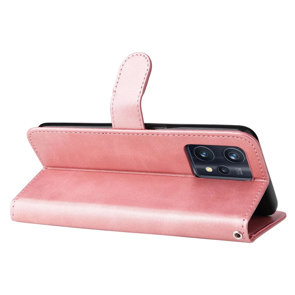 For Realme 9 Pro+ Stand Feature PU Leather Case Magnetic Clasp Zipper Pocket Shockproof Flip Wallet Cover - Rose Gold - 4