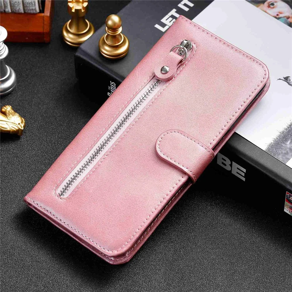 For Realme 9 Pro+ Stand Feature PU Leather Case Magnetic Clasp Zipper Pocket Shockproof Flip Wallet Cover - Rose Gold - 7