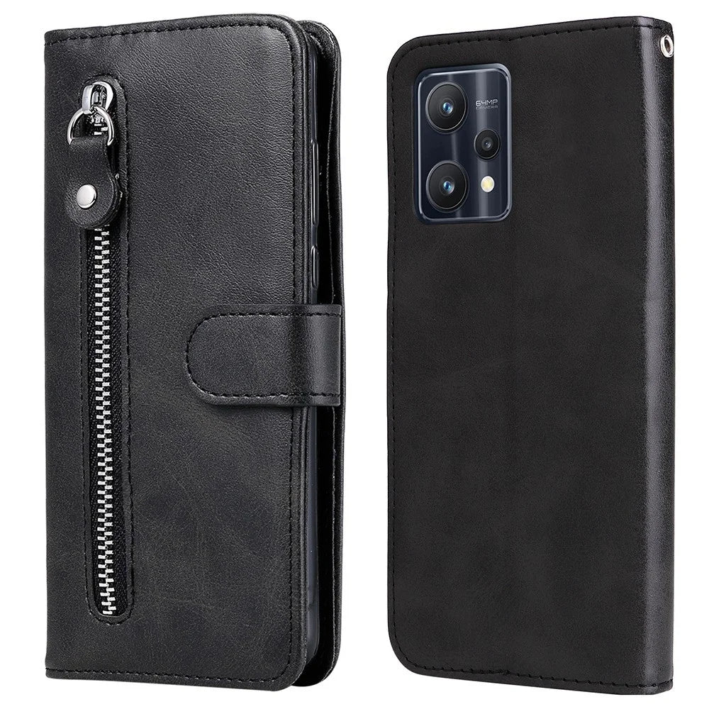 For Realme 9 Pro 5G / 9 5G / V25 Wallet Case PU Leather Magnetic Flip Zipper Stand Protective Phone Cover - Black - 1