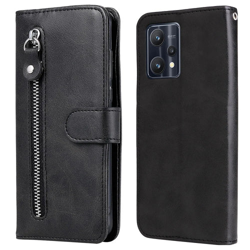 For Realme 9 Pro 5G / 9 5G / V25 Wallet Case PU Leather Magnetic Flip Zipper Stand Protective Phone Cover - Black - 1