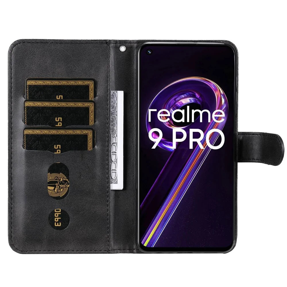 For Realme 9 Pro 5G / 9 5G / V25 Wallet Case PU Leather Magnetic Flip Zipper Stand Protective Phone Cover - Black - 2