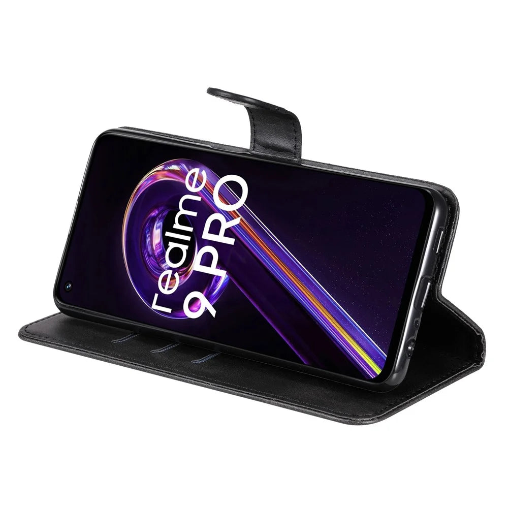 For Realme 9 Pro 5G / 9 5G / V25 Wallet Case PU Leather Magnetic Flip Zipper Stand Protective Phone Cover - Black - 3