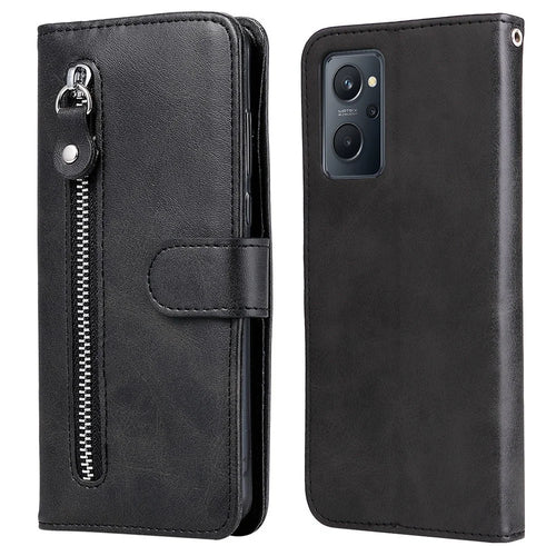 For Realme 9i/Oppo A36 4G/A76 4G PU Leather Case Wallet Style Magnetic Closure Change Coin Slim Handbag Zipper Pocket Stand Flip Cover - Black - 1