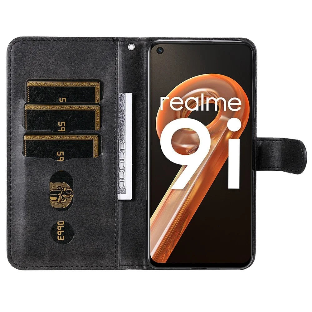 For Realme 9i/Oppo A36 4G/A76 4G PU Leather Case Wallet Style Magnetic Closure Change Coin Slim Handbag Zipper Pocket Stand Flip Cover - Black - 2