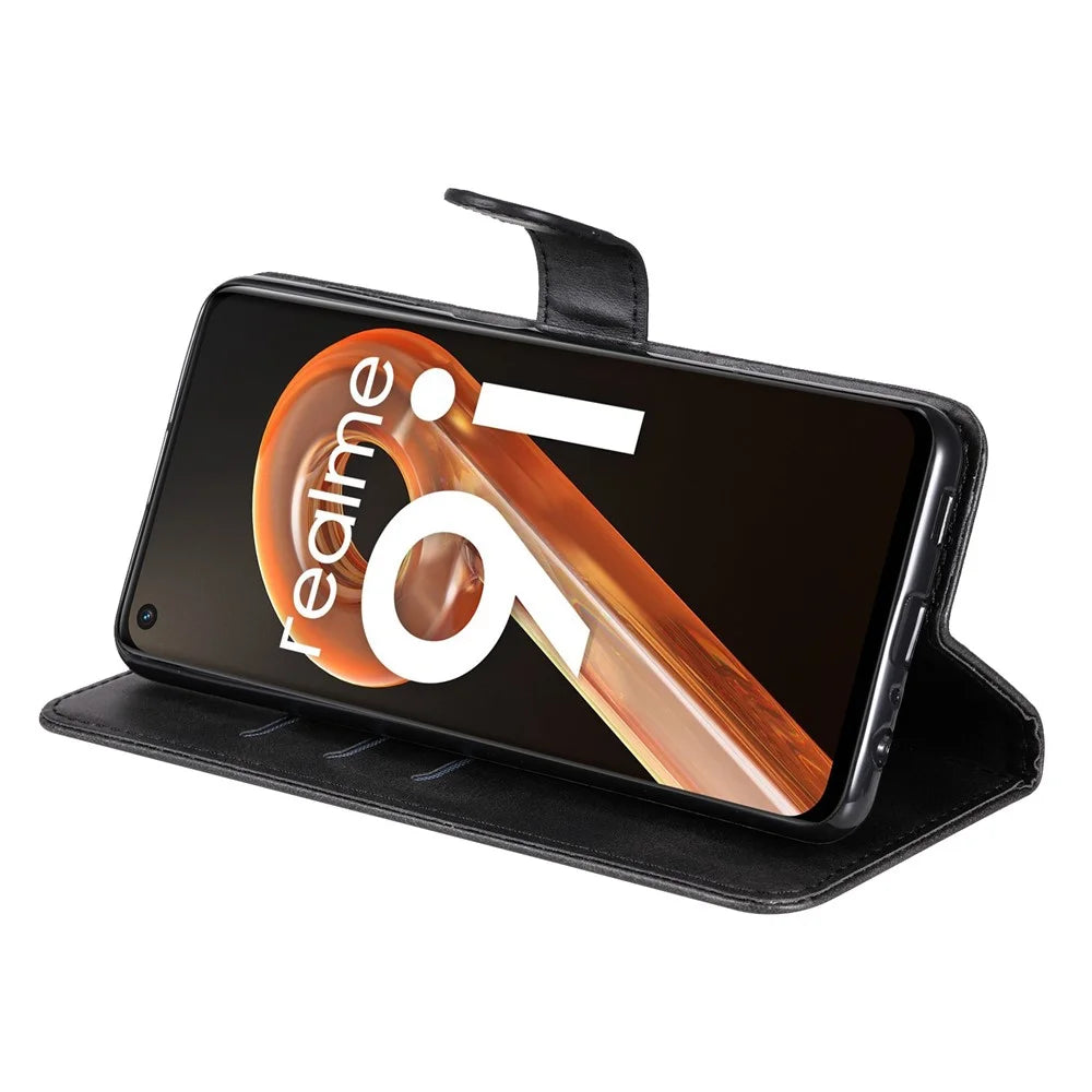 For Realme 9i/Oppo A36 4G/A76 4G PU Leather Case Wallet Style Magnetic Closure Change Coin Slim Handbag Zipper Pocket Stand Flip Cover - Black - 3