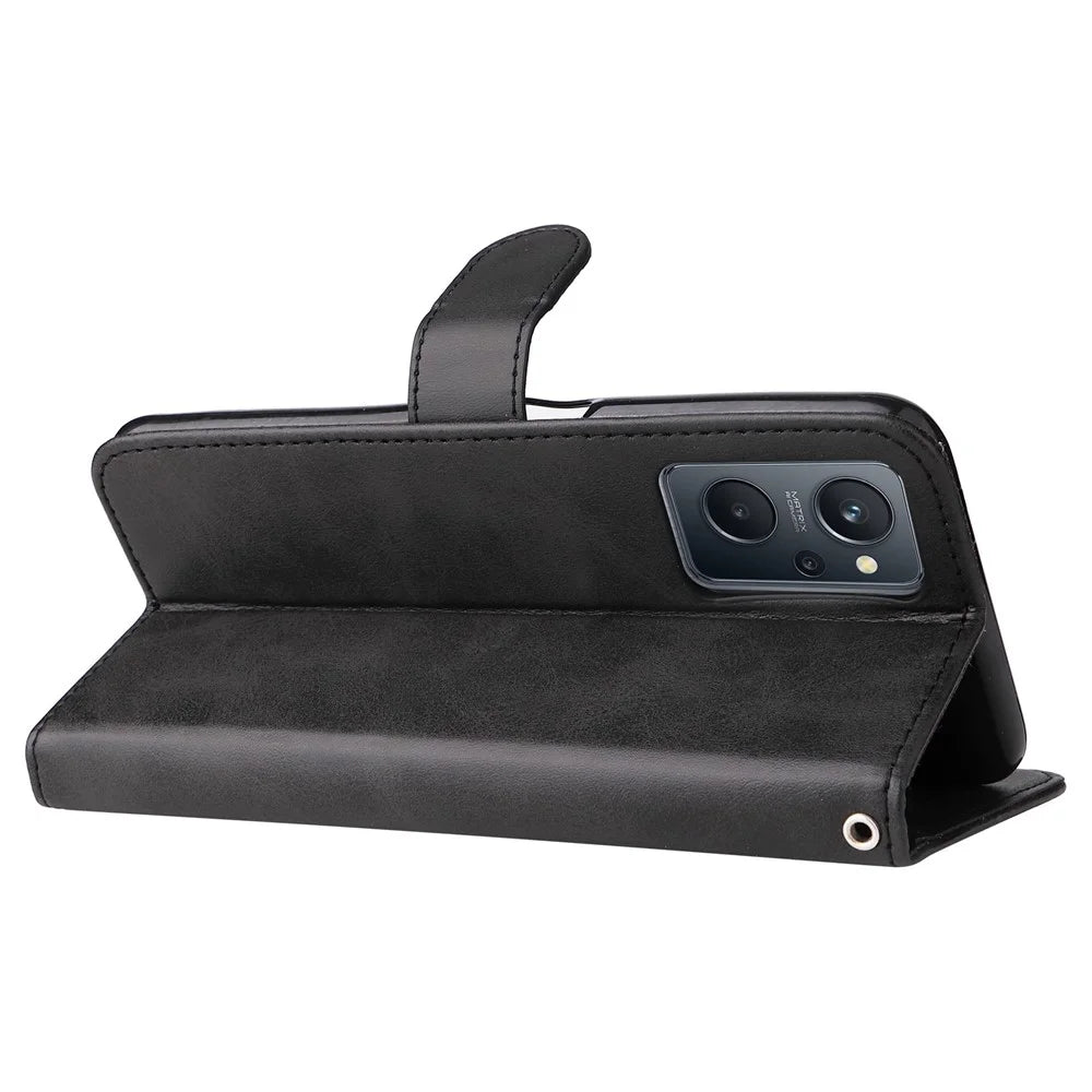 For Realme 9i/Oppo A36 4G/A76 4G PU Leather Case Wallet Style Magnetic Closure Change Coin Slim Handbag Zipper Pocket Stand Flip Cover - Black - 4